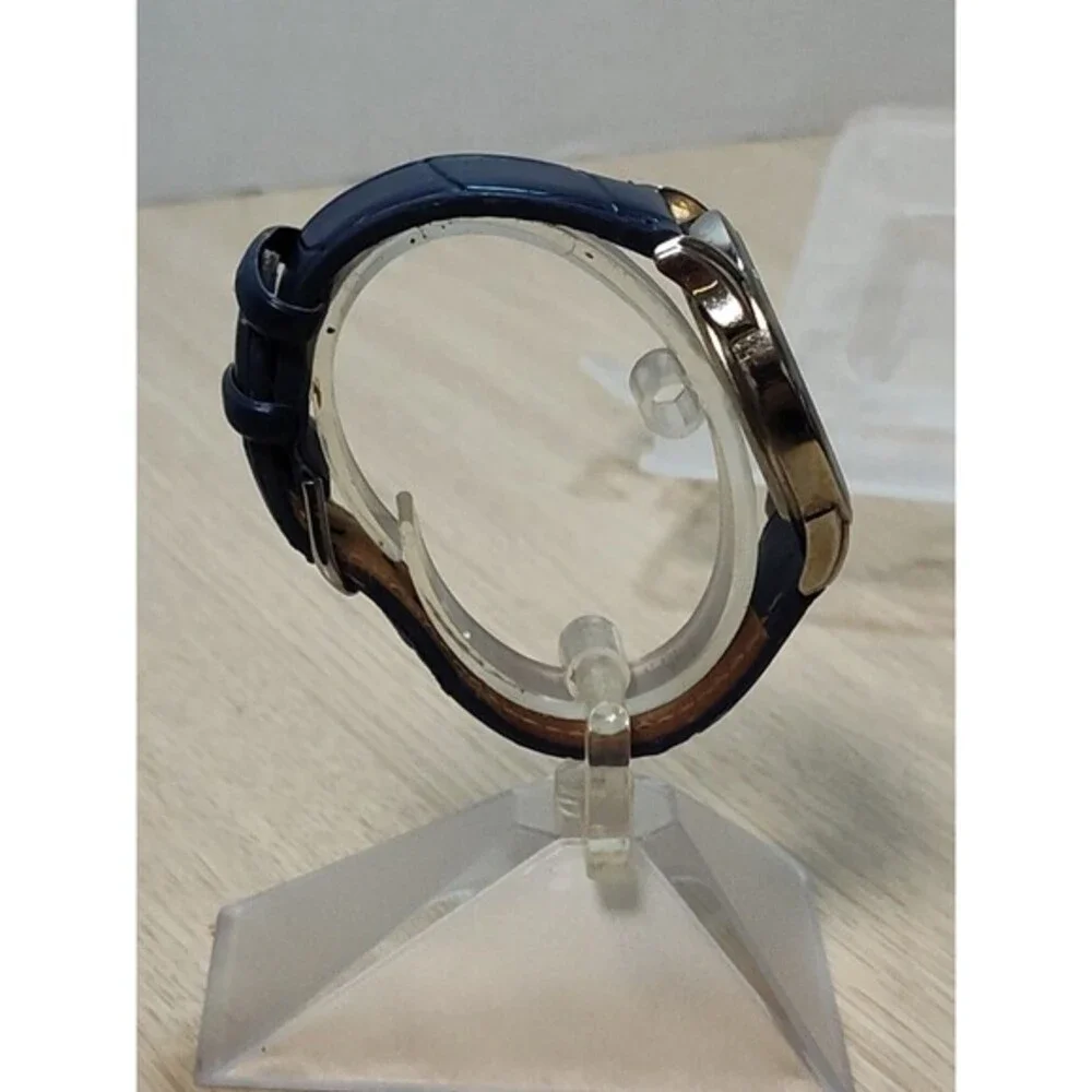 Chico's Womens Watch 39mm Silver Tone Navy Blue Leather  Band New Battery 2/2026